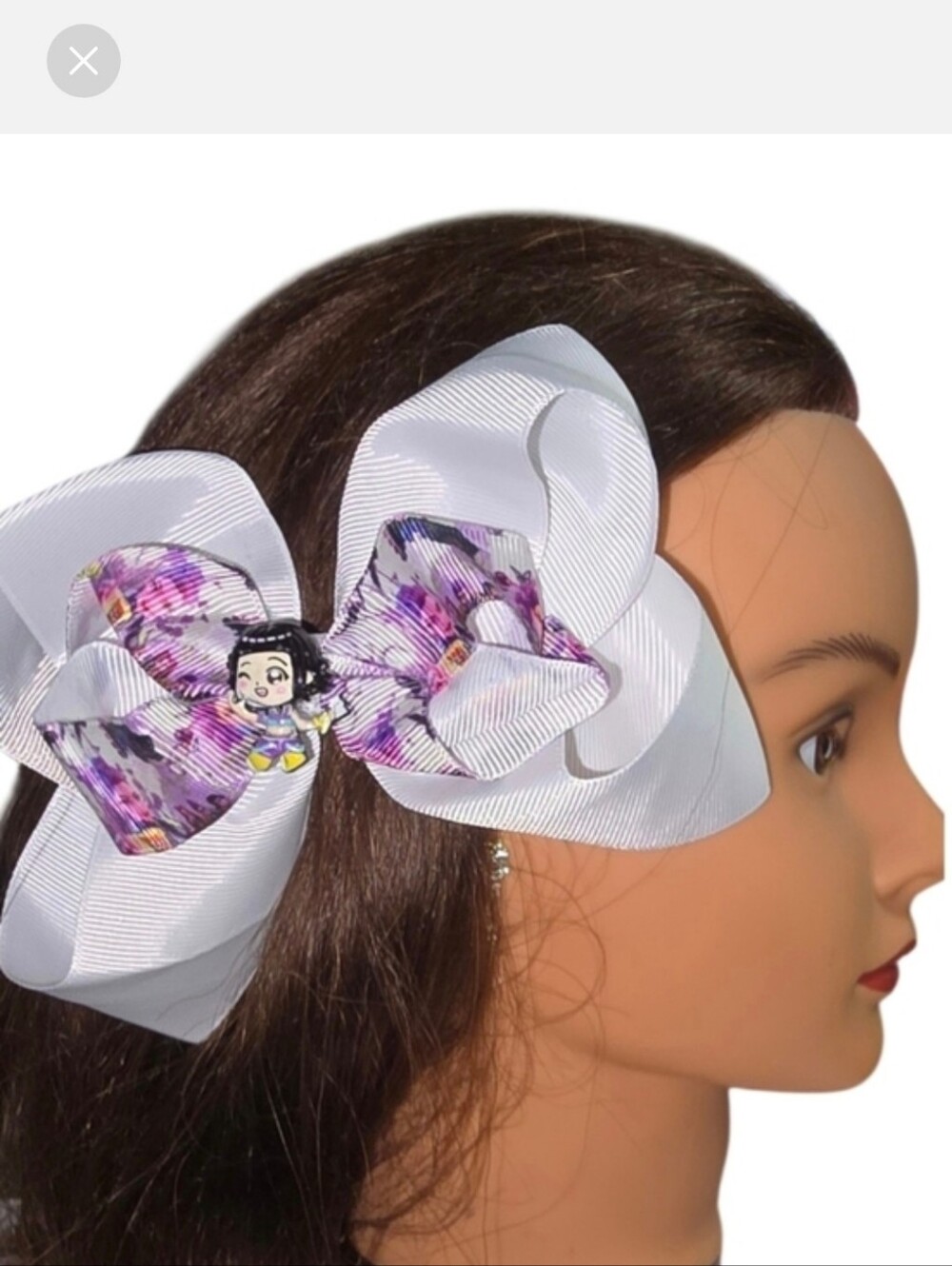 K-pop White Grosgrain Hair Bow with Purple Floral Accent